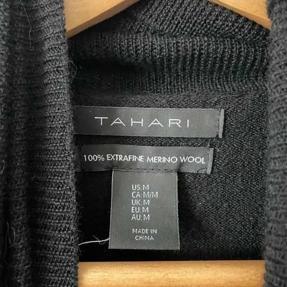 Tahari  100% Extra Fine Merino Wool Turtleneck Tie Sweater w/ Slit Black Medium - Picture 4 of 4
